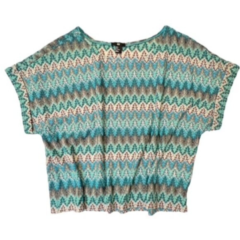 H&M Glittery Sheer Open Knit Short‎ Sleeve Top SZ Med Dressy Preppy Boho Indie